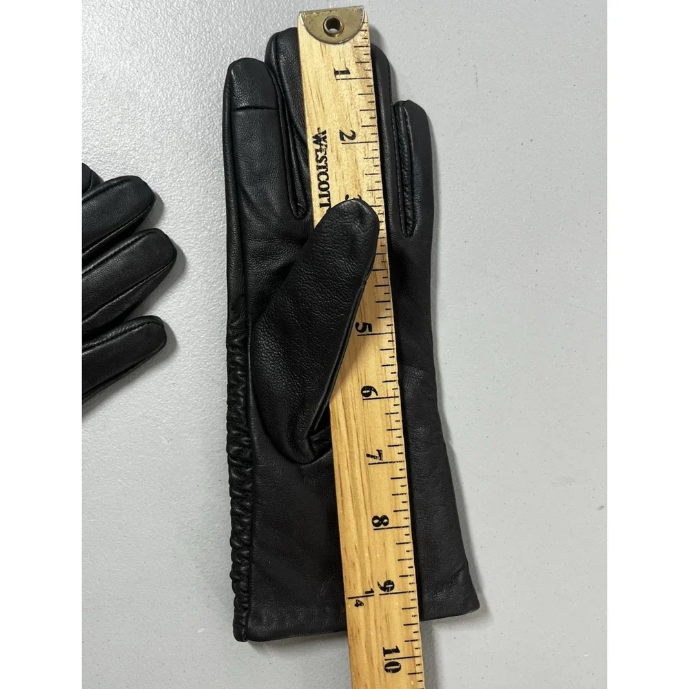 Adrienne Vittadini Leather Fleece Lined Gloves Womens Medium Soft Black Ruched